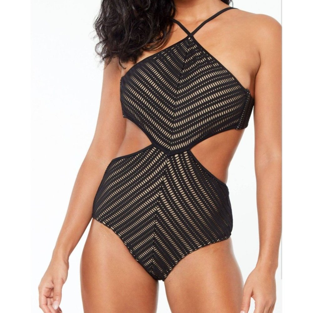 Bar III Womens Black Crochet High Neck Monokini Swimsuit Size XL